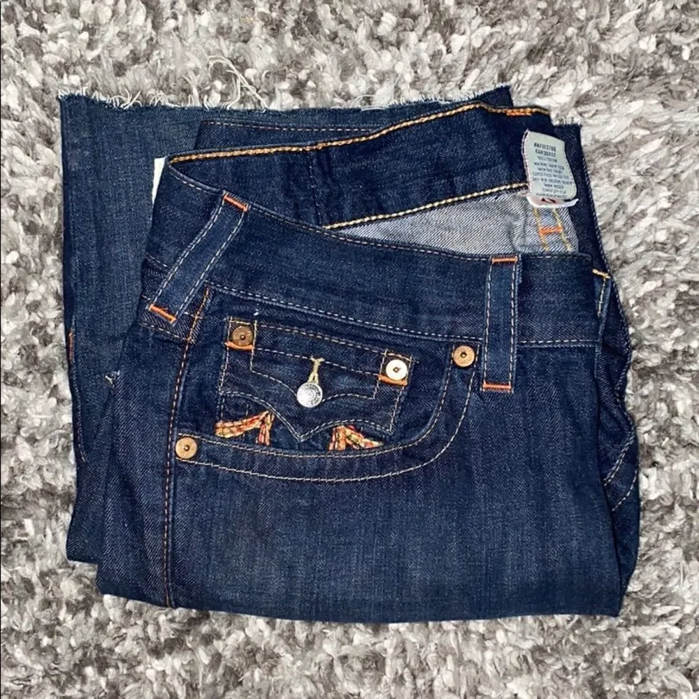 True Religion Blue Denim Manmade Rainbow Horseshoe Casual Cutoff Shorts